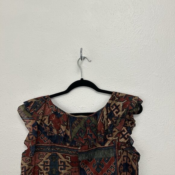 VTG Lauren Ralph Lauren Brown Colorful Aztec Native Ruffle Blouse Sleeveless M - Picture 6 of 10